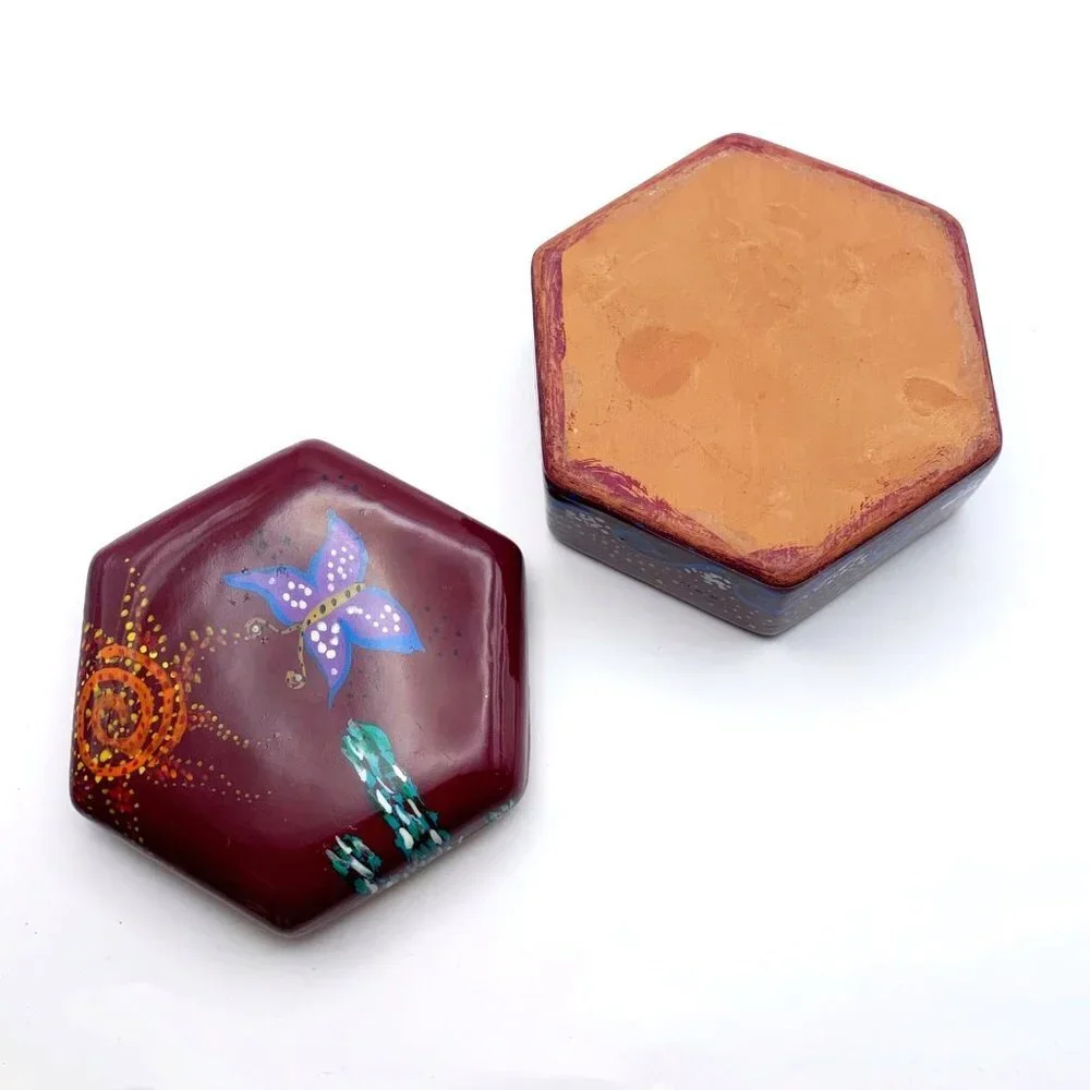 Small Butterfly & Floral Patterned Red Clay Pottery Hexagon Trinket Box With Lid